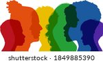 Banner silhouette group of adult people transgender men and women - homosexual - lesbian - gay - heterosexual with rainbow colors. Diversity people