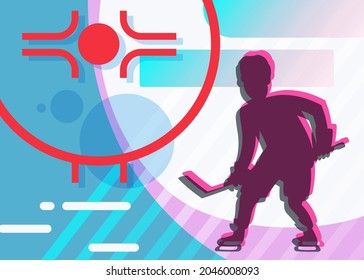 Banner with silhouette of hockey player. Sport placard design in cartoon style.