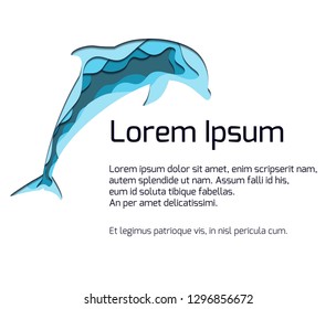 Banner with silhouette of jumping dolphin with 3d element cut out of paper in blue colors.  Vector summer template for presentations, banners, flyers and your design.