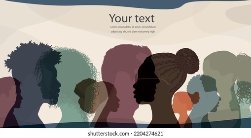 Banner silhouette profile group of men and women of diverse cultures. Diversity multicultural people. Concept of racial equality and anti-racism.Multiethnic  community. Friendship. Allyship