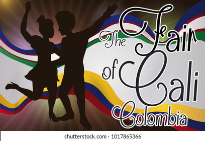 Banner with the silhouette of Salsa couple dancing in the Colombian celebration of Fair of Cali over waving flags.