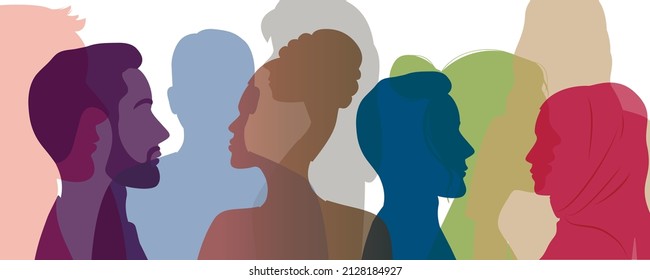 Banner with Silhouettes of a group of different men and women. Multicultural people society concept. 