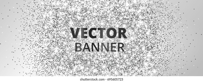 Banner with silver glitter explosion. Sparkles on light background, vector dust. Great for Christmas and New Year, birthday and wedding party invitations, club flyers, website headers.