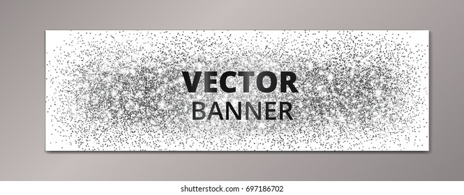 Banner with silver glitter explosion. Sparkles on white background, vector dust. Great for Christmas and New Year, birthday and wedding party invitations, club flyers, website headers.