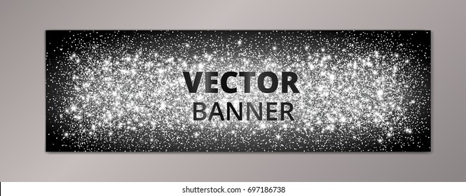 Banner with silver glitter explosion. Sparkles on black background, vector dust. Great for Christmas and New Year, birthday and wedding party invitations, club flyers, website headers.