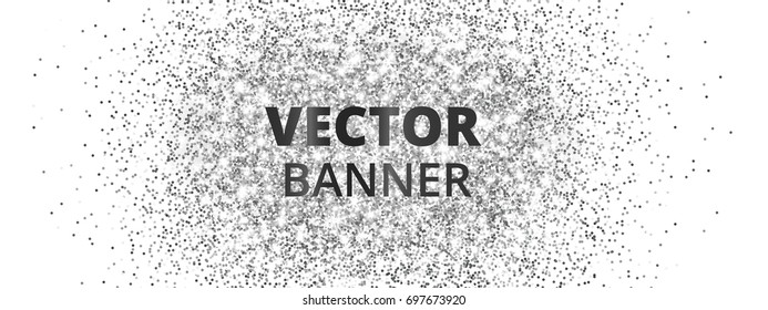 Banner with silver glitter explosion. Sparkles on white background, vector dust. Great for Christmas and New Year, birthday and wedding party invitations, club flyers, website headers.
