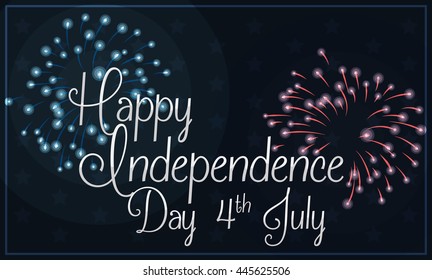 Banner with silver Independence Day greeting text in night sky with blue and red fireworks.