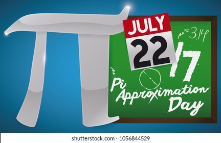 Banner with silver pi symbol close to a chalkboard with doodle drawings and reminder date in loose-leaf calendar to celebrate Pi Approximation Day on 22nd July.