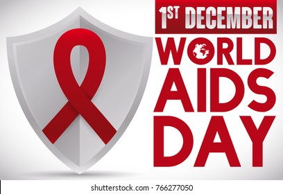 Banner with a silver shield with a red ribbon on it, promoting awareness and prevention for World AIDS Day celebration in December 1.