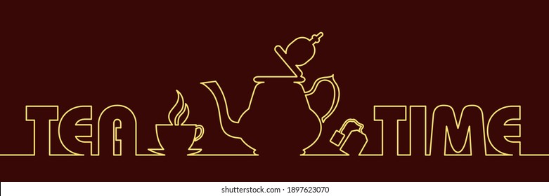 Banner with simple gold line art - a line made up of typography and objects for serving tea.