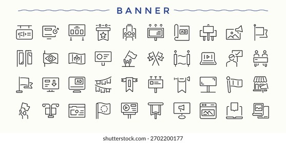 Anuncio simple conjunto de iconos. Iconos de interfaz de usuario establecidos en un estilo delgado. Conjunto de iconos modernos de Anuncio. Incluye símbolos para marca, victoria, Lugar famoso, nacional y más.