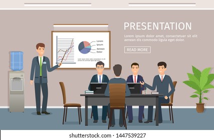 Banner with simple text and button. Business people meeting in office. Businessman giving a presentation of project. Office staff teamwork. Man speaks to colleagues. Flat style vector illustration