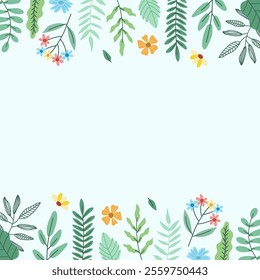 Banner in simple trendy flat style.Background,frame with abstract coloured plants and leaves. Background with copy space for text - green plants and leaves.