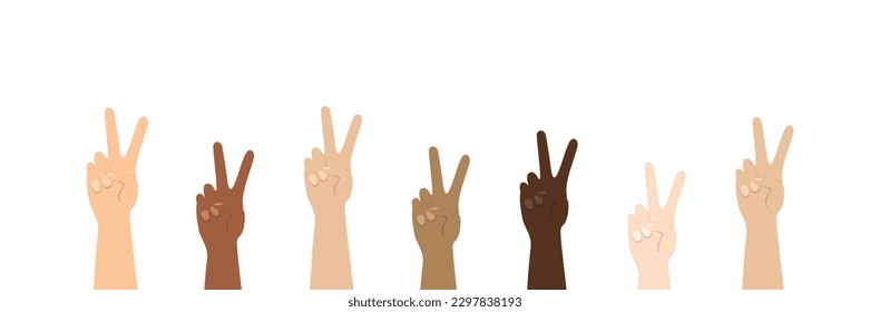 Banner with sing of victory or peace. Different color hands with sing peace or victory. Vector illustration
