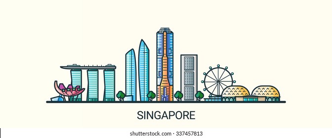 Banner of Singapore city in flat line trendy style. All buildings separated and customizible. Line art.