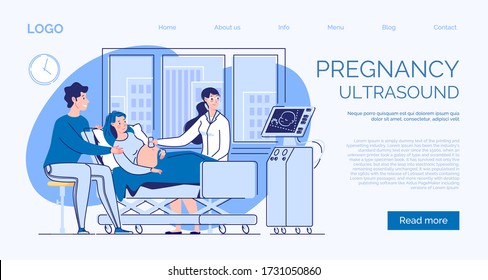 The banner of the site about the health of mother and child in the perinatal period. Pregnant wife and husband at the consultation of the doctor of ultrasound diagnosis. Ultrasound of the fetus. 