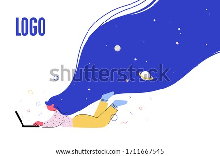 Banner for the site about imagination and creativity. The character is fond of creativity, working at the computer. Flat vector illustration of a meditating character involved in design. 