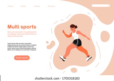 
Banner for a site about sports. Girl keen on jogging and fitness. Flat vector illustration of an active female student playing sports. Recreational activity concept for banner, website design or land