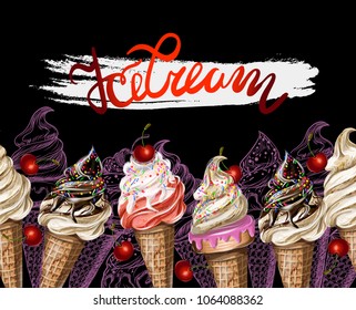 Banner for site or print border with ice cream. Vector illustration.