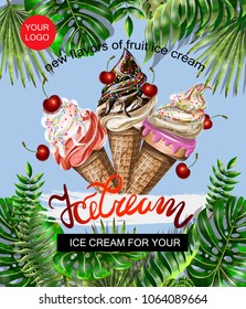 Banner for site or print border with ice cream and tropical leaves. Vector illustration.