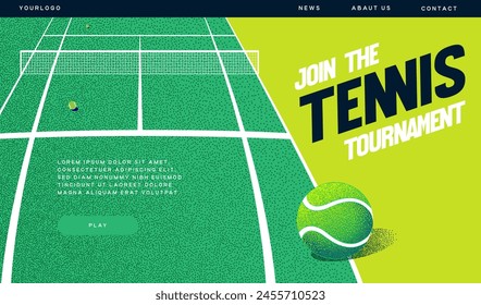 Anuncio para el sitio, competición de tenis, pelota y raqueta sobre un fondo verde, cancha, gráficos de Vector, ilustración, texto