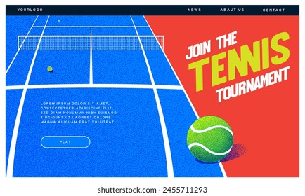 banner for the site, tennis competition, ball and racket on a blue background, court, vector graphics, illustration, text