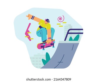 Banner with skateboarder young man doing a trick, flat cartoon vector illustration isolated on white background. Skateboarding sport and extreme activity.