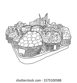 Banner sketch basket with fruits and vegetables. Seasonal vegetables and ripe fruits are laid out in large baskets. Price tags hang on basket. Green products department. Vector illustration.