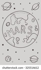 Banner with sketch drawn by the planet Mars and the stars on a grey background.