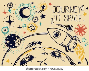 banner with sketch stars, rocket, comets and planets, can be used for cosmic party or for space exploration program, vector illustration