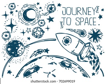 banner with sketch stars, rocket, comets and planets on white background, can be used for cosmic party or for space exploration program, vector illustration