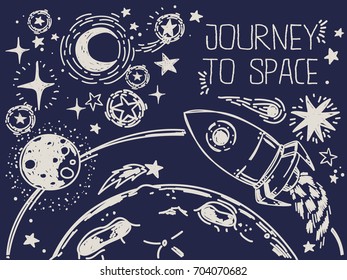 banner with sketch stars, rocket, comets and planets, can be used for cosmic party or for space exploration program, vector illustration