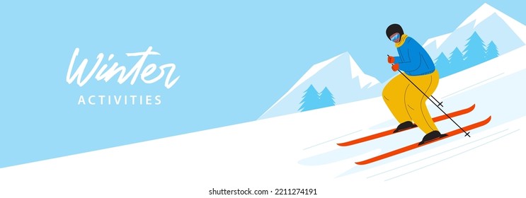 Banner with skier rides on skis in mountain. Man is skiing down hill. Winter outdoor activities, sport. Wintertime fun. Mountain landscape