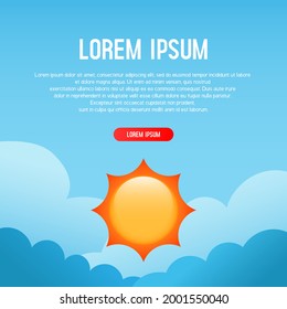Banner with sky, sun, clouds and place for text. Banner to illustrate dangerous sun hours. Vector color illustration.