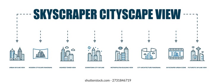 Banner Wolkenkratzer Stadtansicht Symbol. Blick auf die Skyline, Blick auf das moderne Stadtbild, Blick auf den Highrise Tower, Blick auf die Skyline der Innenstadt, Blick auf das Metropolitan Building, Panorama der Stadtarchitektur