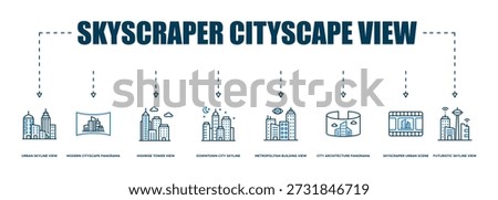 Banner Skyscraper Cityscape View icon. Urban Skyline View,  Modern Cityscape Panorama, Highrise Tower View, Downtown City Skyline, Metropolitan Building View, City Architecture Panorama