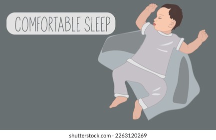 Banner of a sleeping child, a comfortable sleep. The cute baby is fast asleep and has a good dream. The baby is lying in bed under a blanket and fast asleep. Sleep tight, sweet dreams concept. Vector