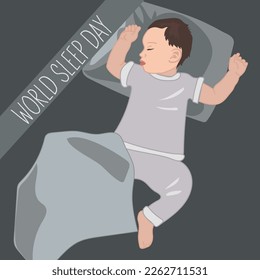 Banner of a sleeping child, World Sleep Day. The cute baby is fast asleep and has a good dream. The baby is lying in bed under a blanket and fast asleep. Sleep tight, sweet dreams concept. Vector