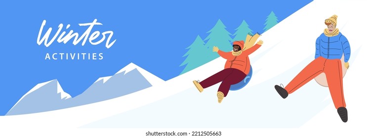 Banner with сhildren sliding down hill on sleds. Kids on sleds on winter holidays. Wintertime fun. Boys riding plastic sled. Sledding children. Winter outdoor activities. Ski resort in the mountains