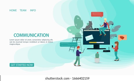 Banner, small people men and women, animal cat, are in chat, next to the computer monitor where mail is sent, for website or mobile applications, flat vector Illustration