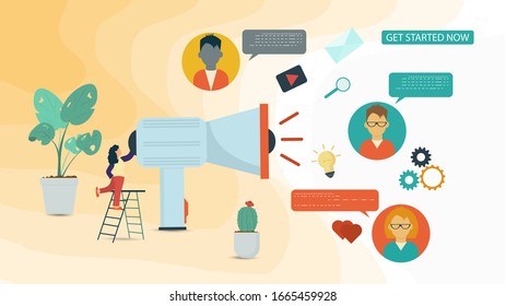 Banner, small woman, chatting via loudspeaker, with users, For Website Or Mobile Apps, Artificial Intelligence Concept, Flat Vector Illustration