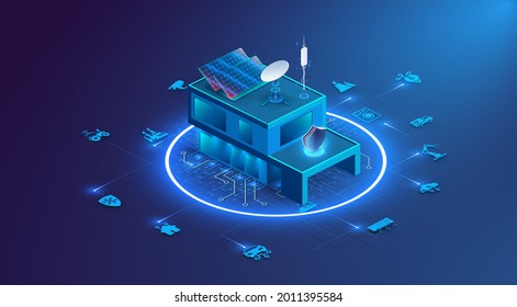 Banner of Smart Home technology. The building consists of numbers and is connected by icons of household smart devices. Intelligent home management system. The concept of a smart home security system.