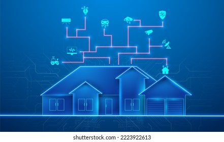 Banner of Smart Home technology. The building consists of numbers and is connected by icons of household smart devices. Intelligent home management system. The concept of a smart home security system.
