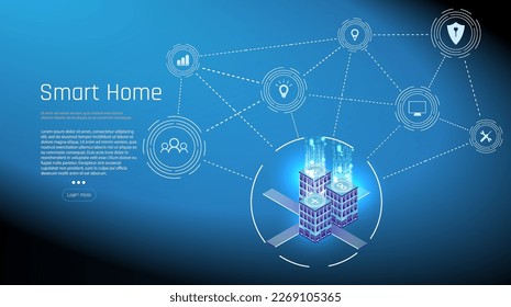 Banner of Smart Home technology. The building consists of numbers and is connected by icons of household smart devices. Intelligent home management system. 