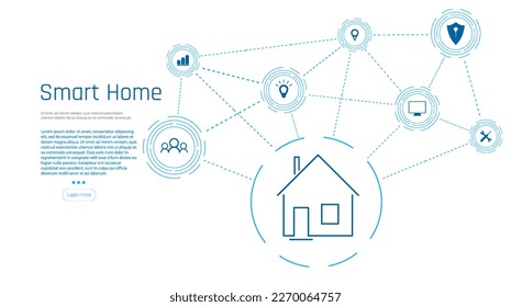 Cartel de la tecnología Smart Home. El edificio consta de números y está conectado por íconos de dispositivos inteligentes domésticos. Sistema inteligente de administración del hogar. 