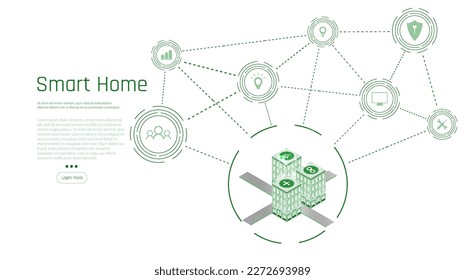 Banner of Smart Home technology. The building consists of numbers and is connected by icons of household smart devices. Intelligent home management system. 
