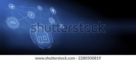 Banner of Smart Home technology. The building consists of numbers and is connected by icons of household smart devices. Intelligent home management system. 