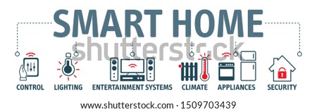 Banner smart home vector illustration concept with icons and keywords. Home automation system - Control lighting, climate, entertainment systems, and appliances.