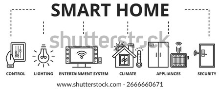 Banner smart home vector illustration concept with icons and keywords. Home automation system - Control lighting, climate, entertainment systems, and appliances.