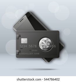 Banner with smartphone & credit card image. Advertising promo poster with phone & bank card icon. Communicator PDA with steel safe, door of a bank vault combination lock.. Vector illustration